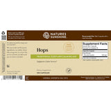 Front of a Nature's Sunshine Hops herbal supplement box showing product branding, benefits text, a Supplement Facts panel, and a barcode on a beige and brown label.