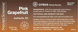 A brown rectangular product label for Nature's Sunshine Citrus Family Scents Pink Grapefruit Authentic Oil, showing text details, ingredients, stock number, and usage information.