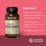 Nature's Sunshine Horsetail herbal supplement bottle on a pink background with descriptive text about its traditional hair and nail support benefits.