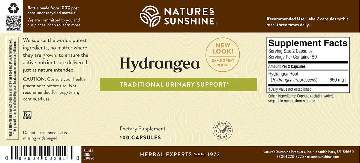Natures Sunshine Hydrangea herbal supplement bottle label showing 100 capsules, with a brown top section, beige label body, and supplement facts panel.