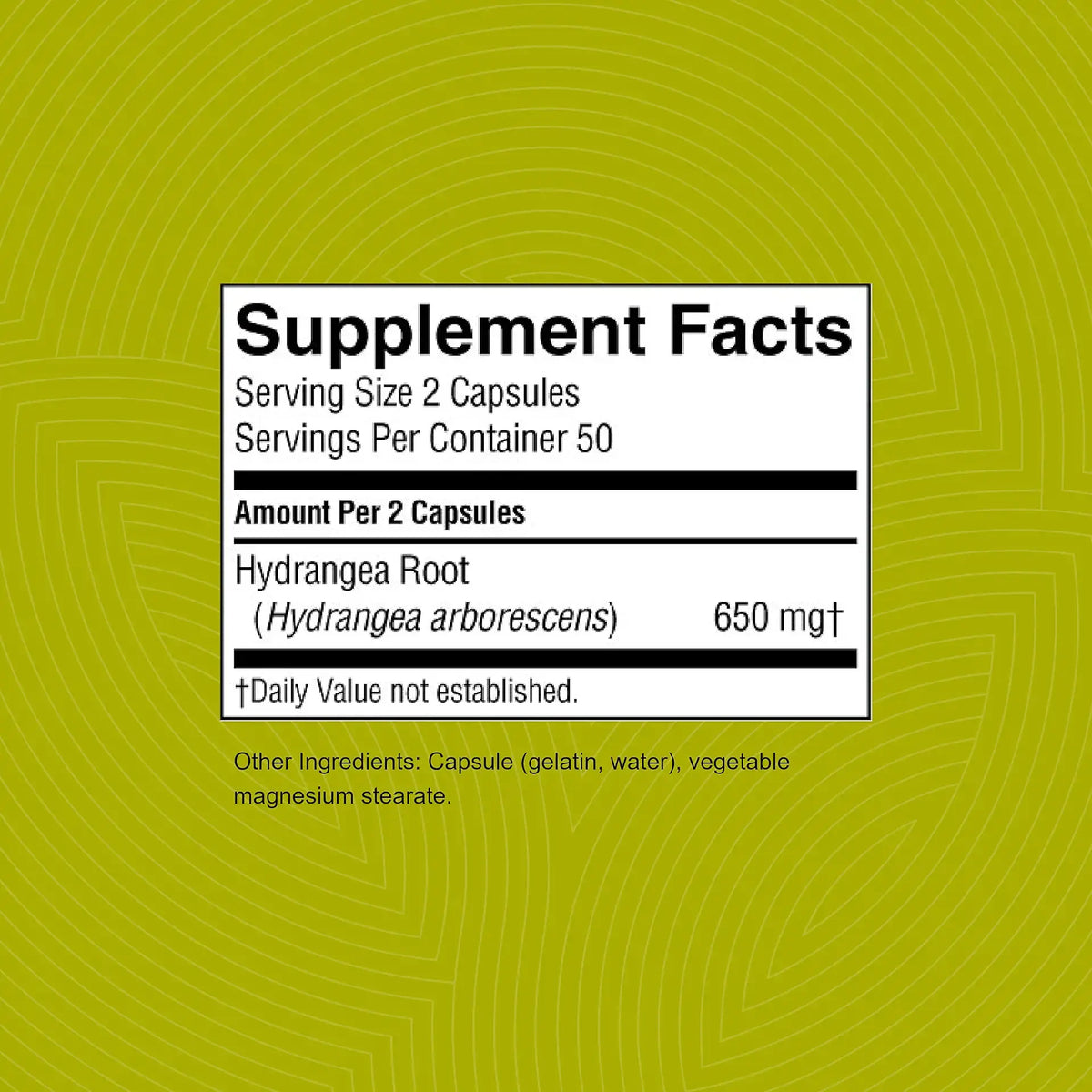 A supplement facts label reading 'Supplement Facts' with 'Hydrangea Root (Hydrangea arborescens) 650 mg' on a bright yellow-green background with subtle concentric line patterns.
