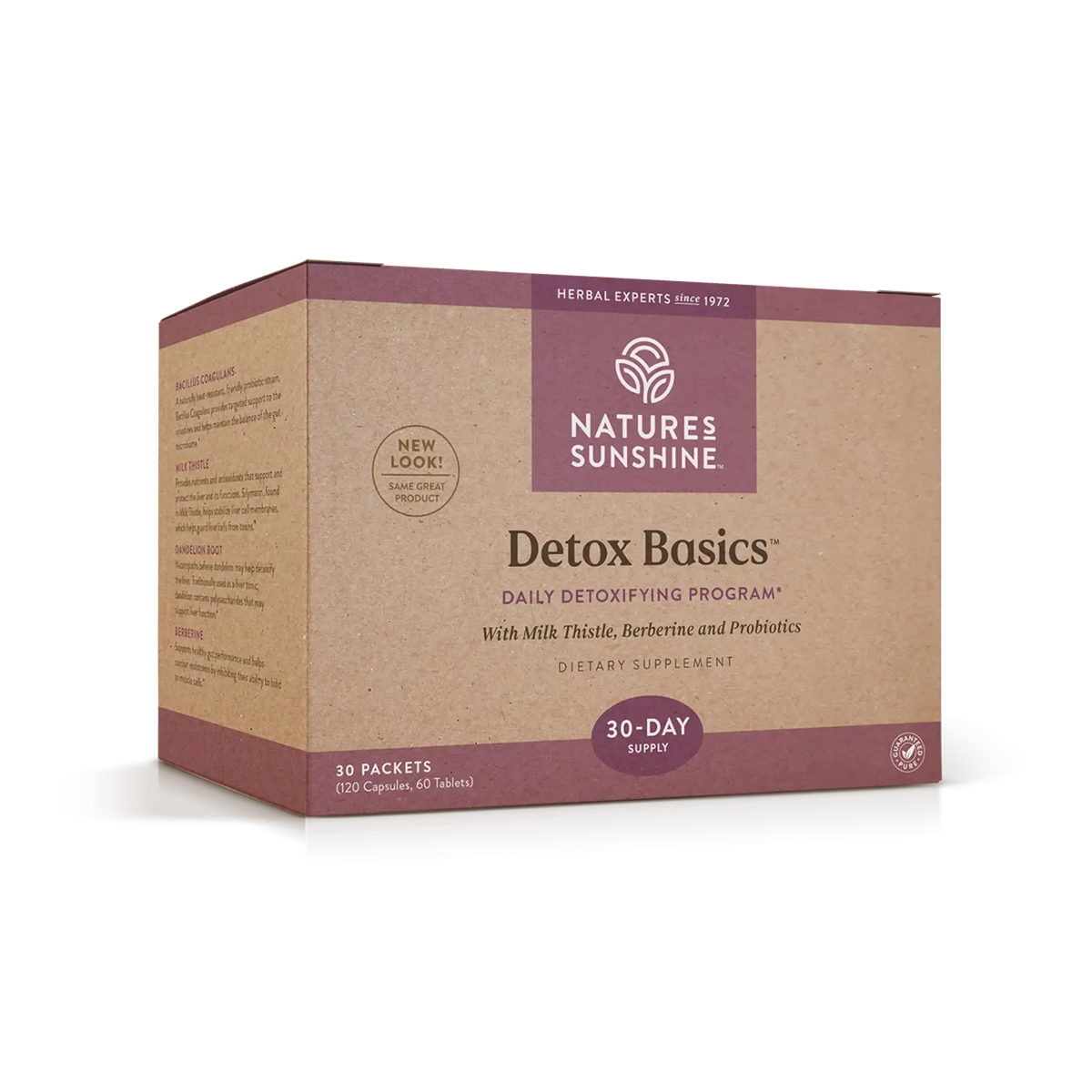 A box of Nature's Sunshine Detox Basics dietary supplement, 30-day supply, containing 30 packets. The packaging is made of brown kraft paper with dark burgundy accents and white text.