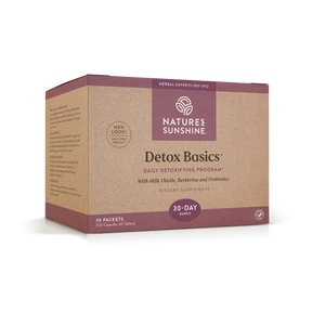 A box of Nature's Sunshine Detox Basics dietary supplement, 30-day supply, containing 30 packets. The packaging is made of brown kraft paper with dark burgundy accents and white text.