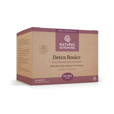 A box of Nature's Sunshine Detox Basics dietary supplement, 30-day supply, containing 30 packets. The packaging is made of brown kraft paper with dark burgundy accents and white text.