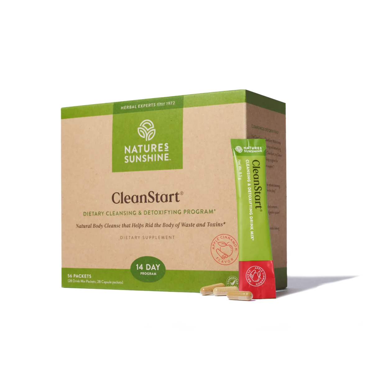 Nature's Sunshine CleanStart dietary supplement box with a single packet standing beside it and two capsules in front, on a clean white background.