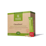 Nature's Sunshine CleanStart dietary supplement box with a single packet standing beside it and two capsules in front, on a clean white background.