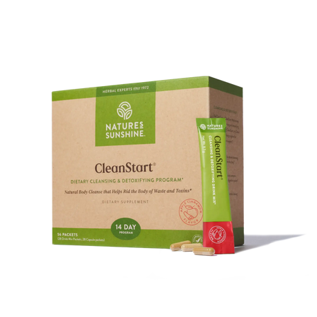 Nature's Sunshine CleanStart dietary supplement box with a single packet standing beside it and two capsules in front, on a clean white background.