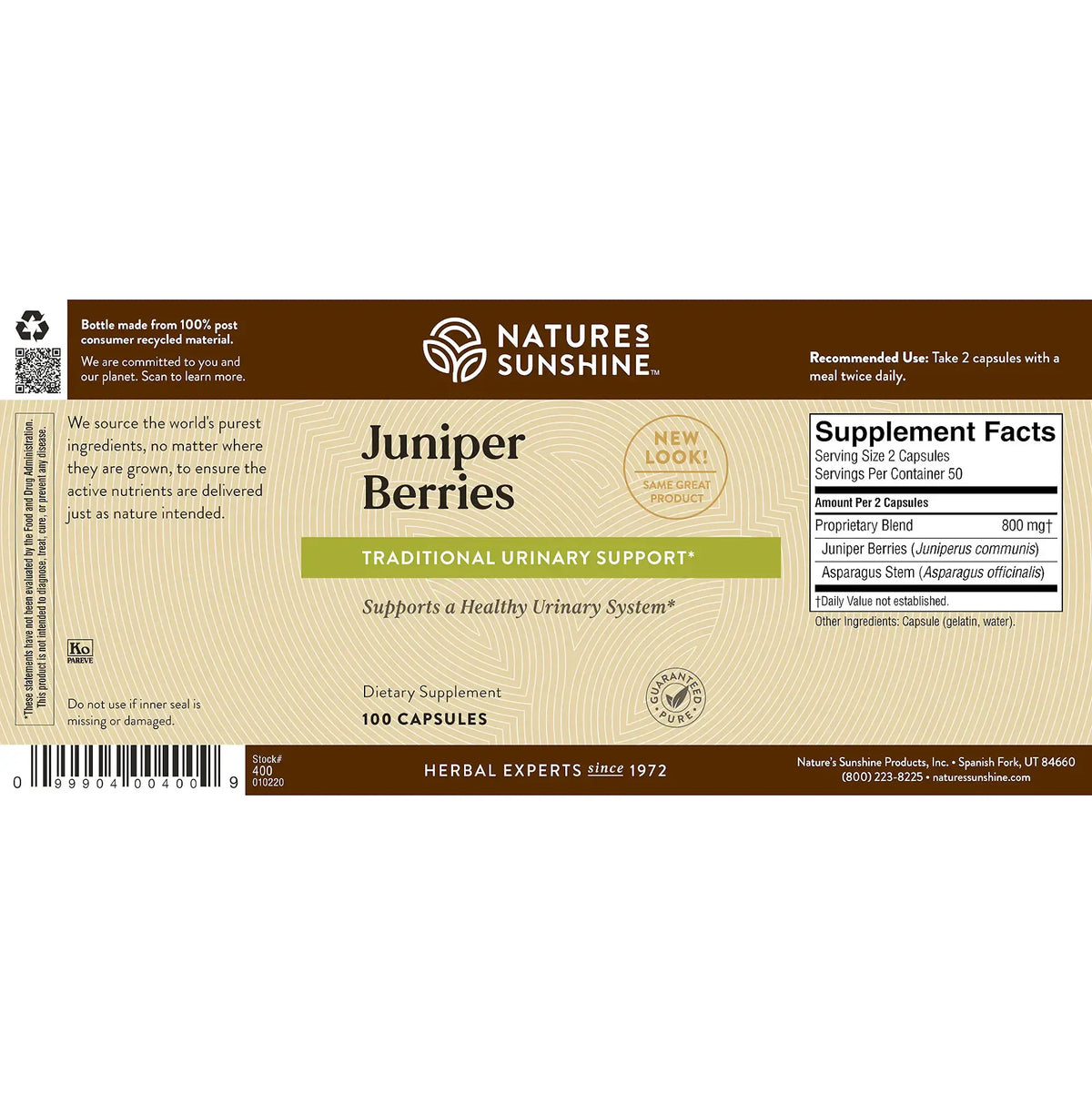 Natures Sunshine Juniper Berries dietary supplement box, featuring a brown and beige label with product details, a supplement facts panel, and a barcode.