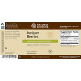 Natures Sunshine Juniper Berries dietary supplement box, featuring a brown and beige label with product details, a supplement facts panel, and a barcode.