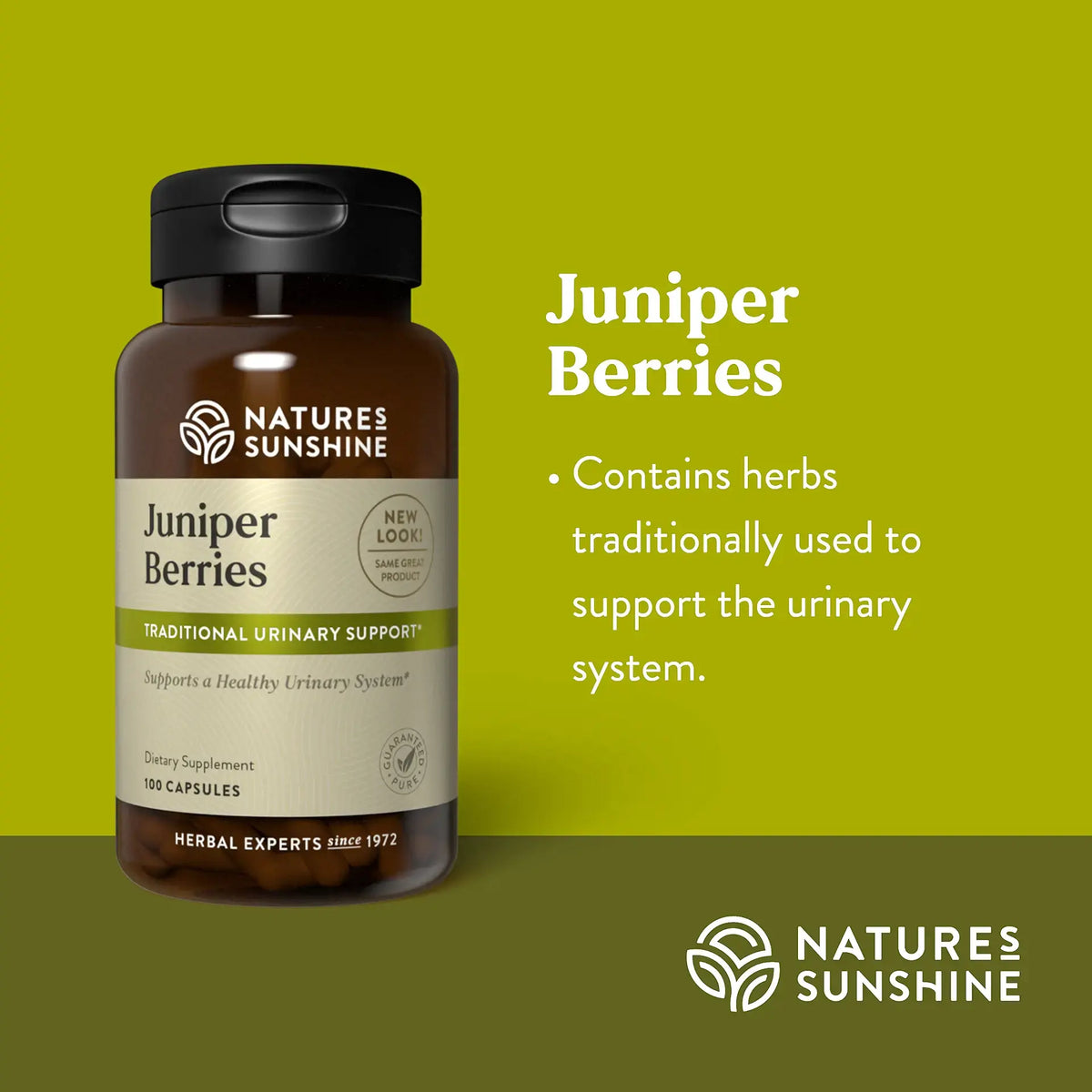 Nature's Sunshine Juniper Berries dietary supplement bottle on a green background with product information text.