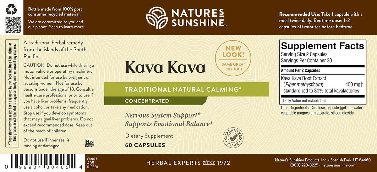 Front and back label of Natures Sunshine Kava Concentrate dietary supplement, showing product details, supplement facts, and usage instructions.