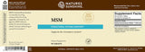 Nature's Sunshine MSM Structural System Support dietary supplement label, featuring a dark brown and beige design with a blue accent bar and supplement facts panel.