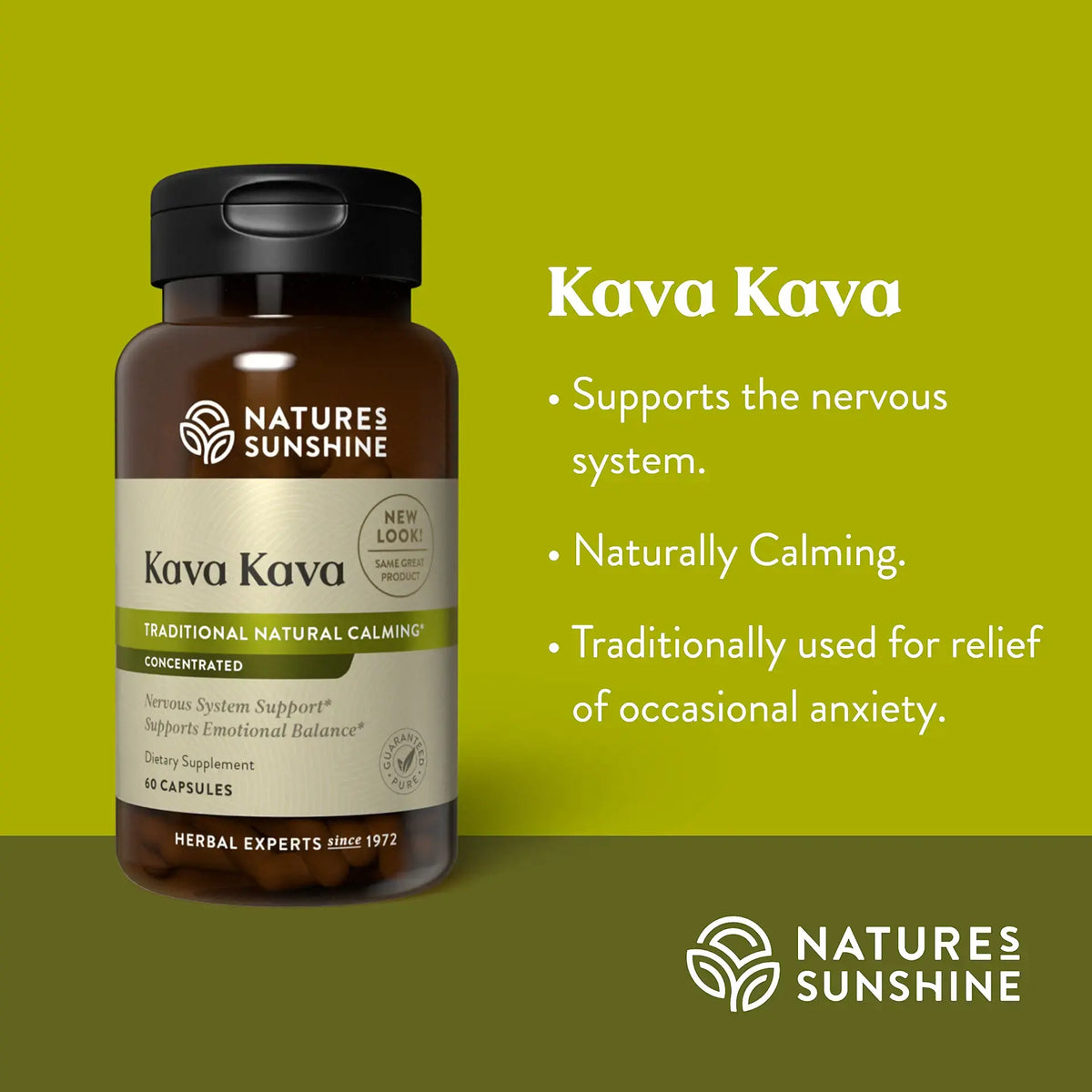 A bottle of Nature's Sunshine Kava Kava dietary supplement on a green background with descriptive text highlighting its calming properties and nervous system support.