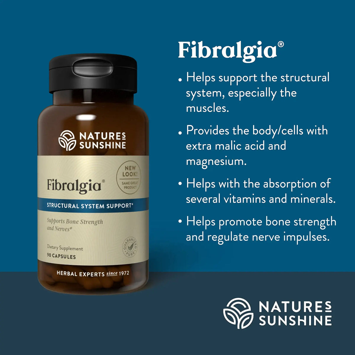 Natures Sunshine Fibralgia supplement bottle with product details on a blue background