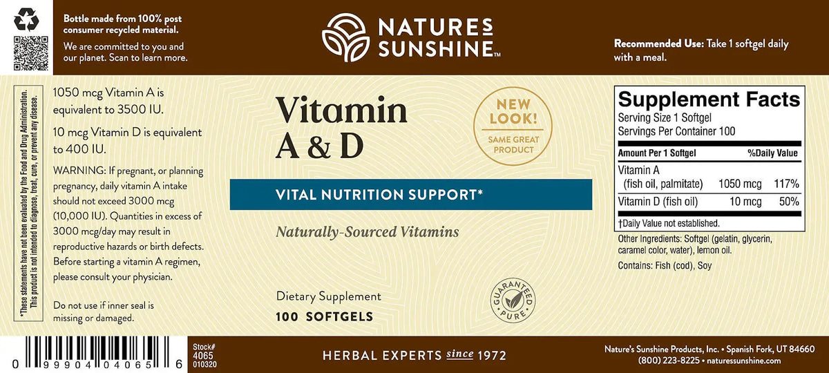 Nature's Sunshine Vitamin A & D (10,000/400 IU) (100 softgel caps)