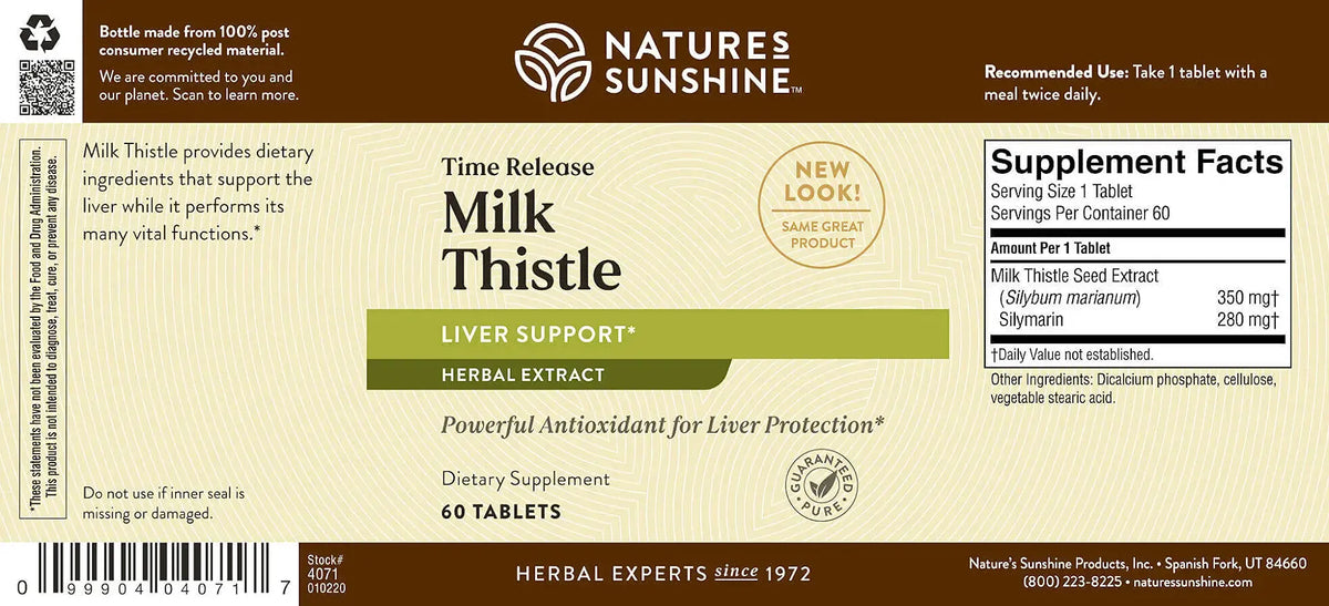 Front and back label of Nature's Sunshine Milk Thistle Liver Support herbal supplement, 60 tablets, showing product details, ingredients, and supplement facts.
