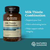 Nature's Sunshine Milk Thistle Combination dietary supplement bottle on a teal background with product benefits text.