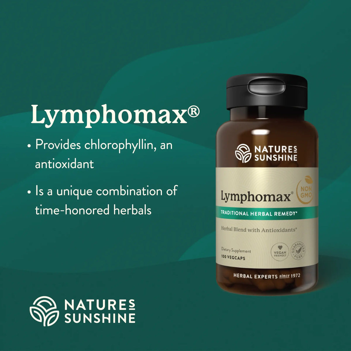 Natures Sunshine Lymphomax herbal supplement bottle on a dark teal background with promotional text. The amber bottle has a black cap and a cream label with teal accents.