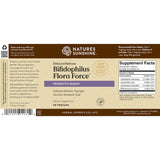 Natures Sunshine Bifidophilus Flora Force probiotic supplement packaging label, featuring a brown and beige design with product details, supplement facts, and a barcode.