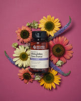 A bottle of Nature's Sunshine Diphyllostomus Flora Force dietary supplement, styled in a flat-lay with colorful flowers on a solid pink background.