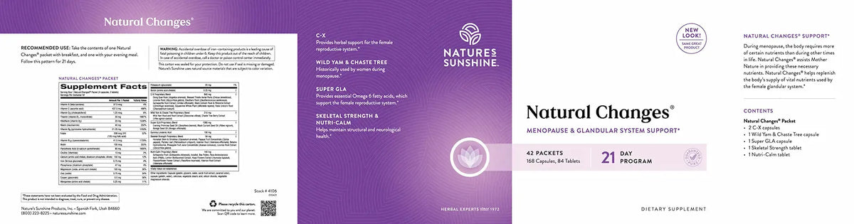 Front and back of a Nature's Sunshine Natural Changes dietary supplement packet, showing the white back with Supplement Facts and the purple front with product branding and benefits.