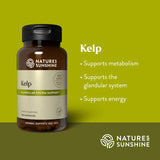 A bottle of Nature's Sunshine Kelp dietary supplement on a bright yellow-green background, with text listing benefits such as supporting metabolism, the glandular system, and energy.