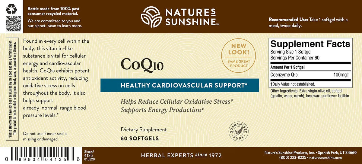Natures Sunshine CoQ10 supplement label with text and branding.