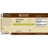 Front of a Nature's Sunshine Licorice Root dietary supplement box, showing the product name, ingredients, supplement facts panel, and barcode on a brown and beige label.