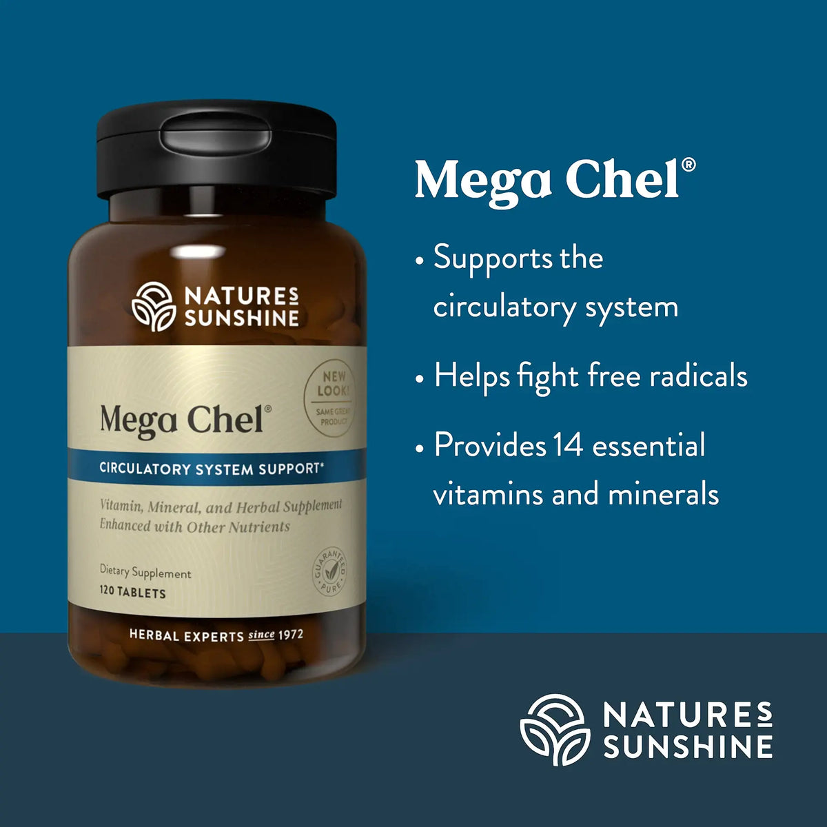 Nature's Sunshine Mega Chel supplement bottle on a blue background with product details.
