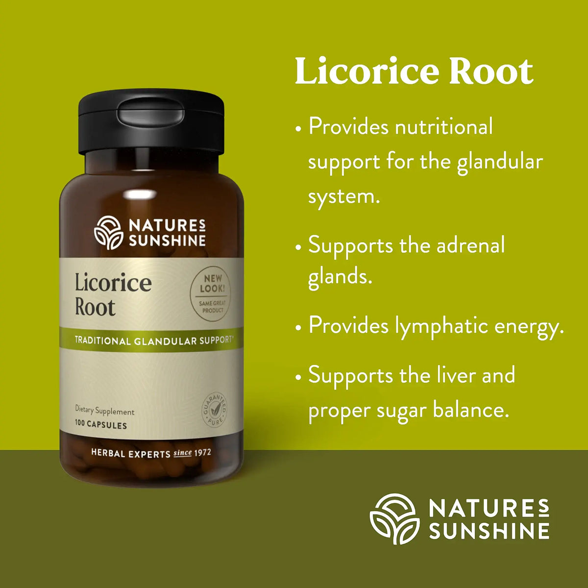 A bottle of Nature's Sunshine Licorice Root dietary supplement on a green background with text describing its benefits for the glandular system, adrenals, lymphatic energy, and liver support.