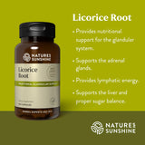 A bottle of Nature's Sunshine Licorice Root dietary supplement on a green background with text describing its benefits for the glandular system, adrenals, lymphatic energy, and liver support.