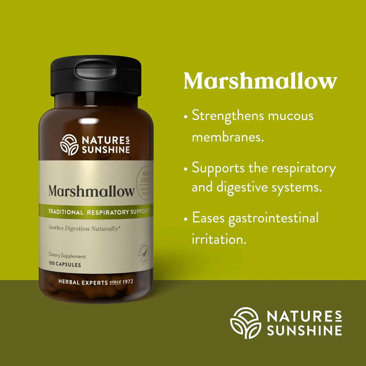 Nature's Sunshine Marshmallow herbal supplement bottle on a yellow-green background with text describing its benefits for respiratory and digestive support.