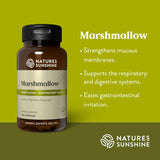 Nature's Sunshine Marshmallow herbal supplement bottle on a yellow-green background with text describing its benefits for respiratory and digestive support.