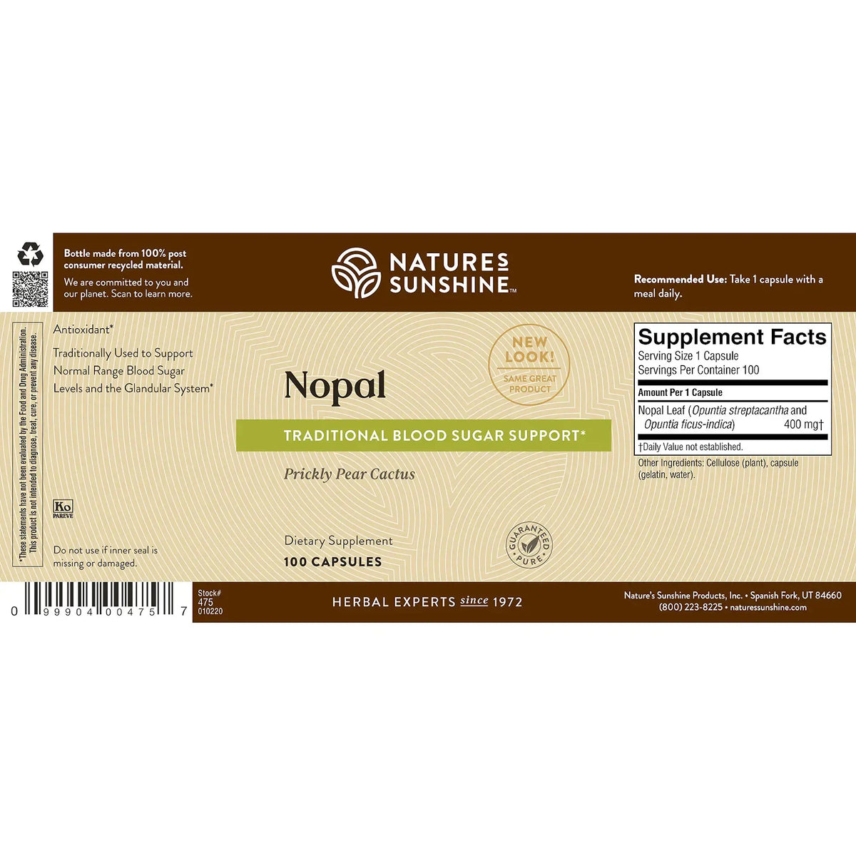 Natures Sunshine Nopal Traditional Blood Sugar Support herbal supplement box, featuring a brown and beige label with product details, ingredients, and a barcode.