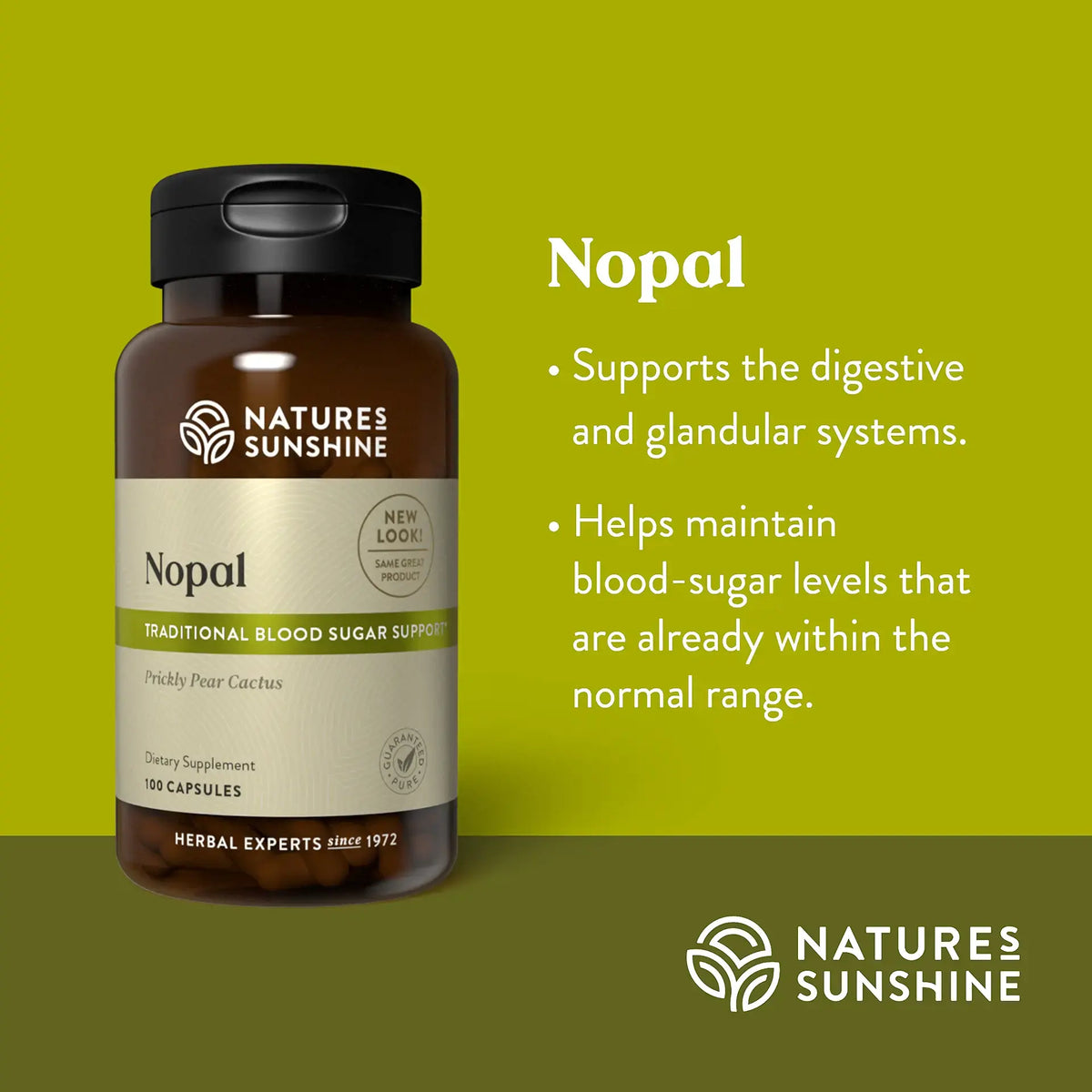 Natures Sunshine Nopal supplement bottle on a green background with product details.