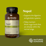 Natures Sunshine Nopal supplement bottle on a green background with product details.