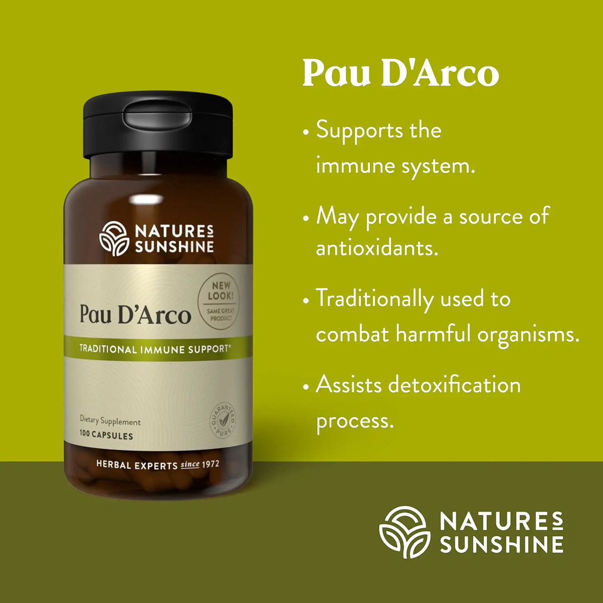 Natures Sunshine Pau D'Arco supplement bottle with product details on a green background