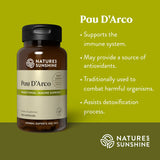 Natures Sunshine Pau D'Arco supplement bottle with product details on a green background