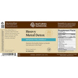 The back of a Nature's Sunshine Heavy Metal Detox dietary supplement box, showing the product name, ingredients, a supplement facts panel, and a barcode on a brown and beige background.