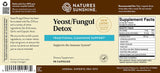 Front and back label of Nature's Sunshine Yeast/Fungal Detox dietary supplement, showing product name, ingredients, usage, supplement facts, and barcode on a beige and brown background.