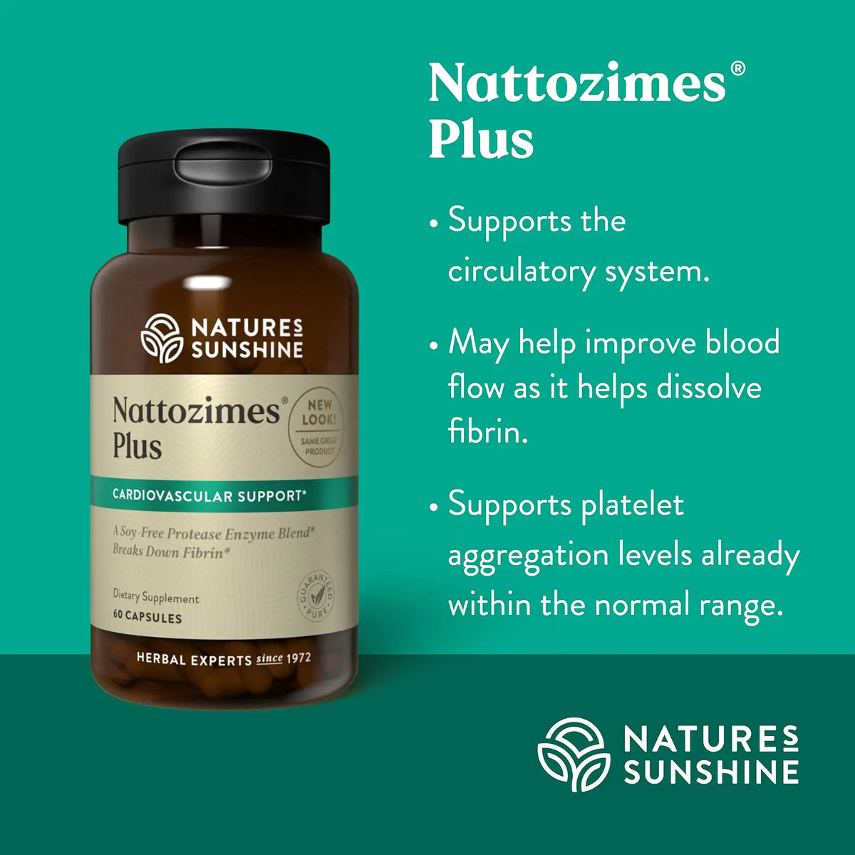 Nattozimes Plus herbal supplement bottle by Nature's Sunshine on a teal background with product benefits listed on the right.