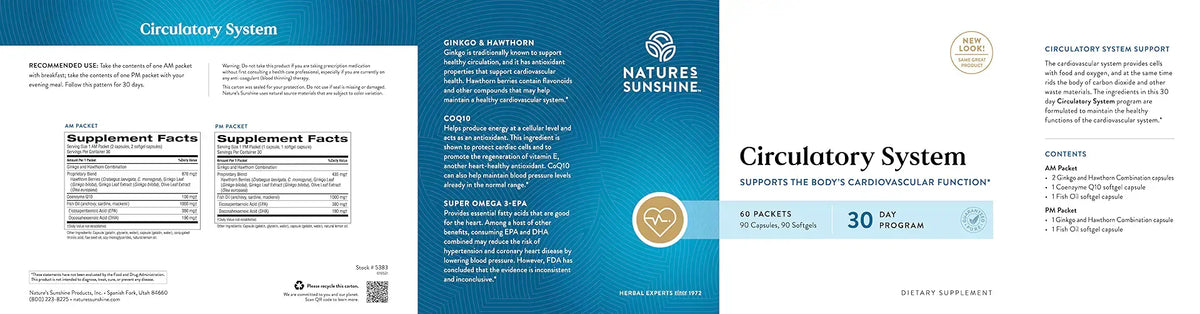 A flat-lay view of a folded supplement box labeled 'Circulatory System' by Nature's Sunshine, showing the front, back, and inner packaging panels on a white background.