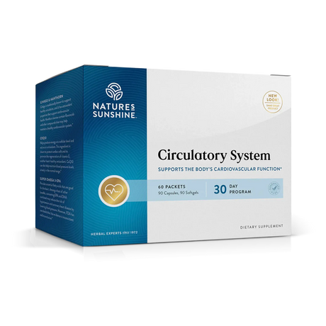 Natures Sunshine Circulatory System dietary supplement box, 60 packets, 30 day program, shown at a three-quarter angle on a white background.