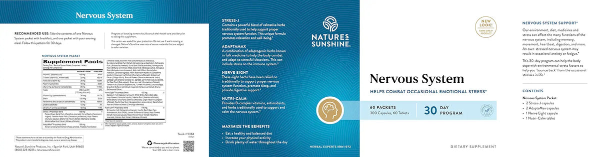 A flat, unfolded product package layout for Nature's Sunshine Nervous System dietary supplement, showing front and back panels with text, dosage information, and a blue gradient design.