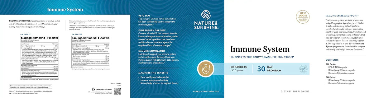 A flat-lay view of a supplement box and its packaging inserts for Nature's Sunshine Immune System. The box is white with blue and gold accents, and the inserts show detailed product information, usage, and ingredients.