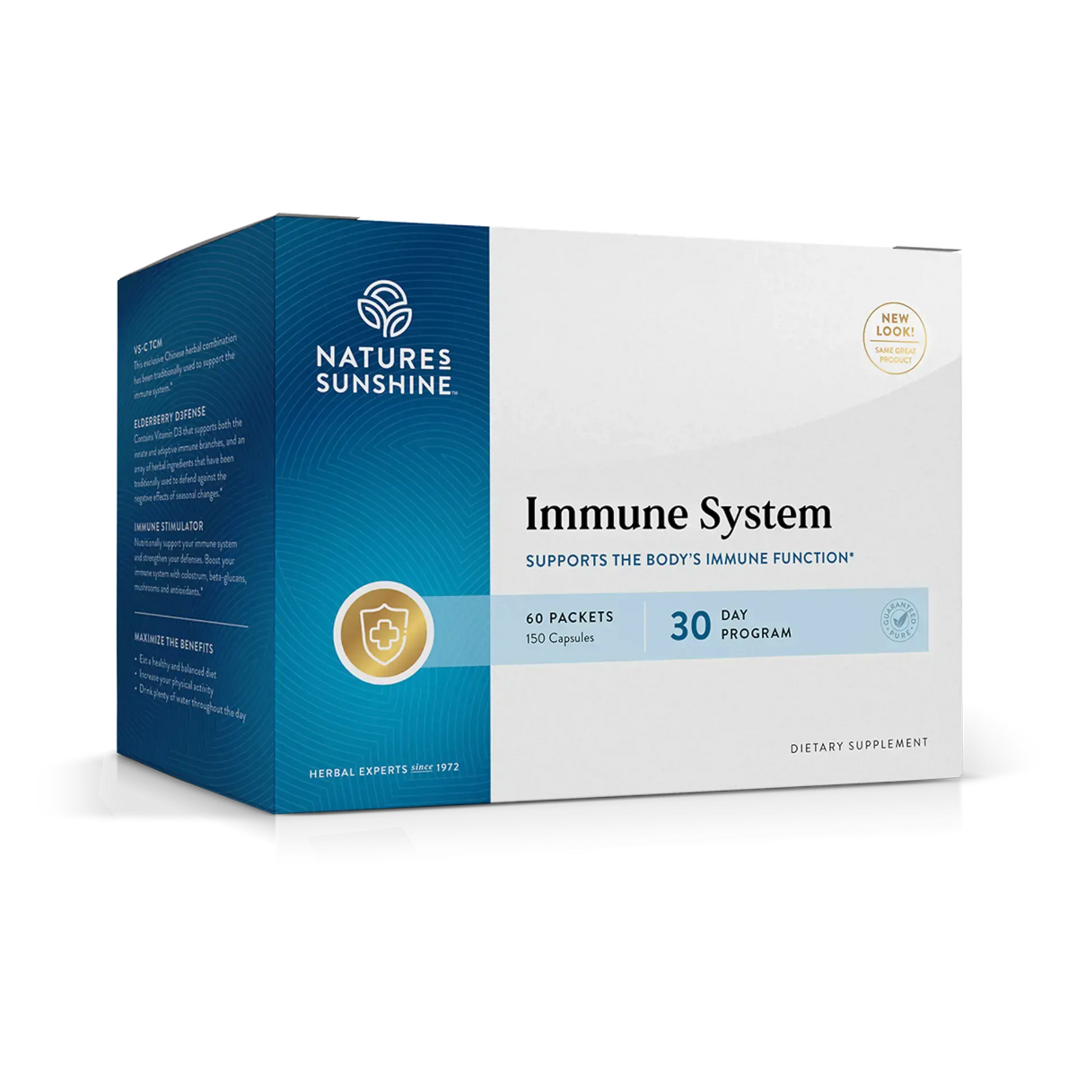 Nature's Sunshine Immune System dietary supplement box, 30-day program, 60 packets, shown on a clean white background.