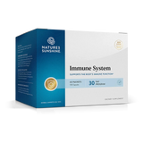 Nature's Sunshine Immune System dietary supplement box, 30-day program, 60 packets, shown on a clean white background.