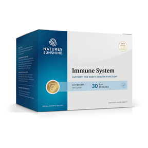 Nature's Sunshine Immune System dietary supplement box, 30-day program, 60 packets, shown on a clean white background.