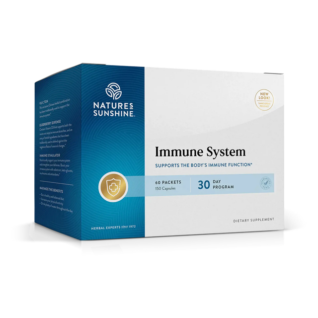 Nature's Sunshine Immune System dietary supplement box, 30-day program, 60 packets, shown on a clean white background.