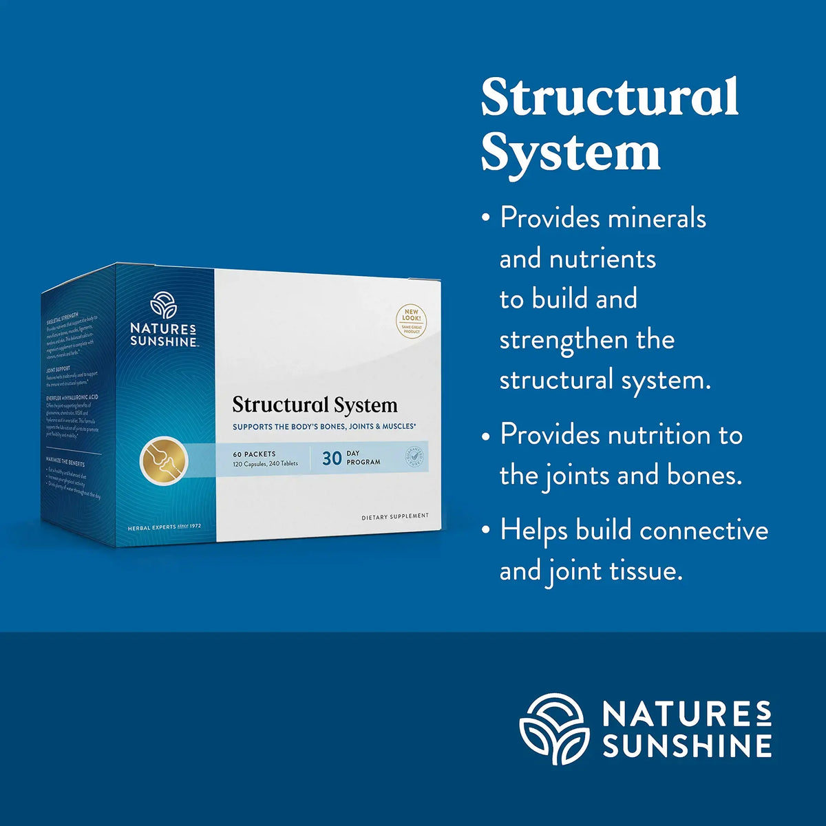 Natures Sunshine Structural System supplement box shown on a blue promotional graphic with text describing benefits for minerals, nutrients, joints, and bones.